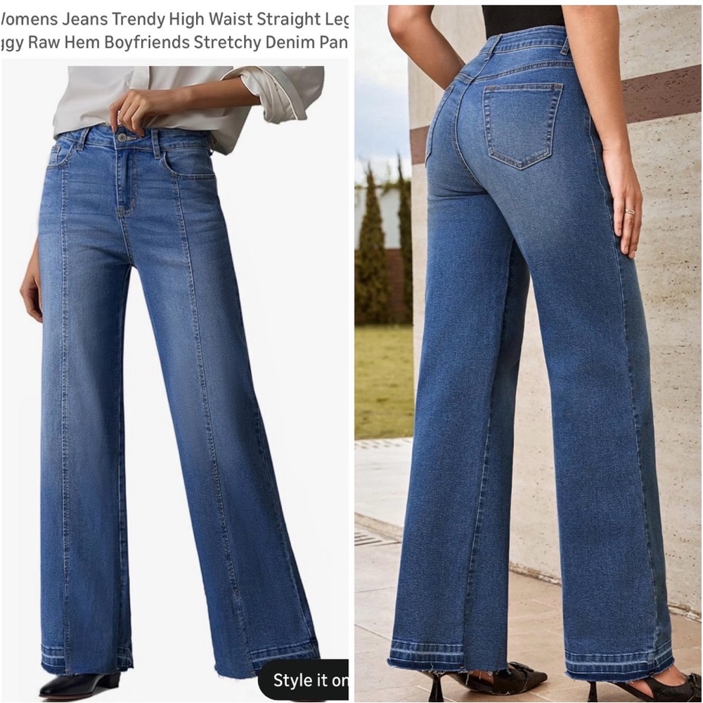 🎠Evaless Frayed Baggy raw hem stretchy denim pants beau blue high waist 10 NWT